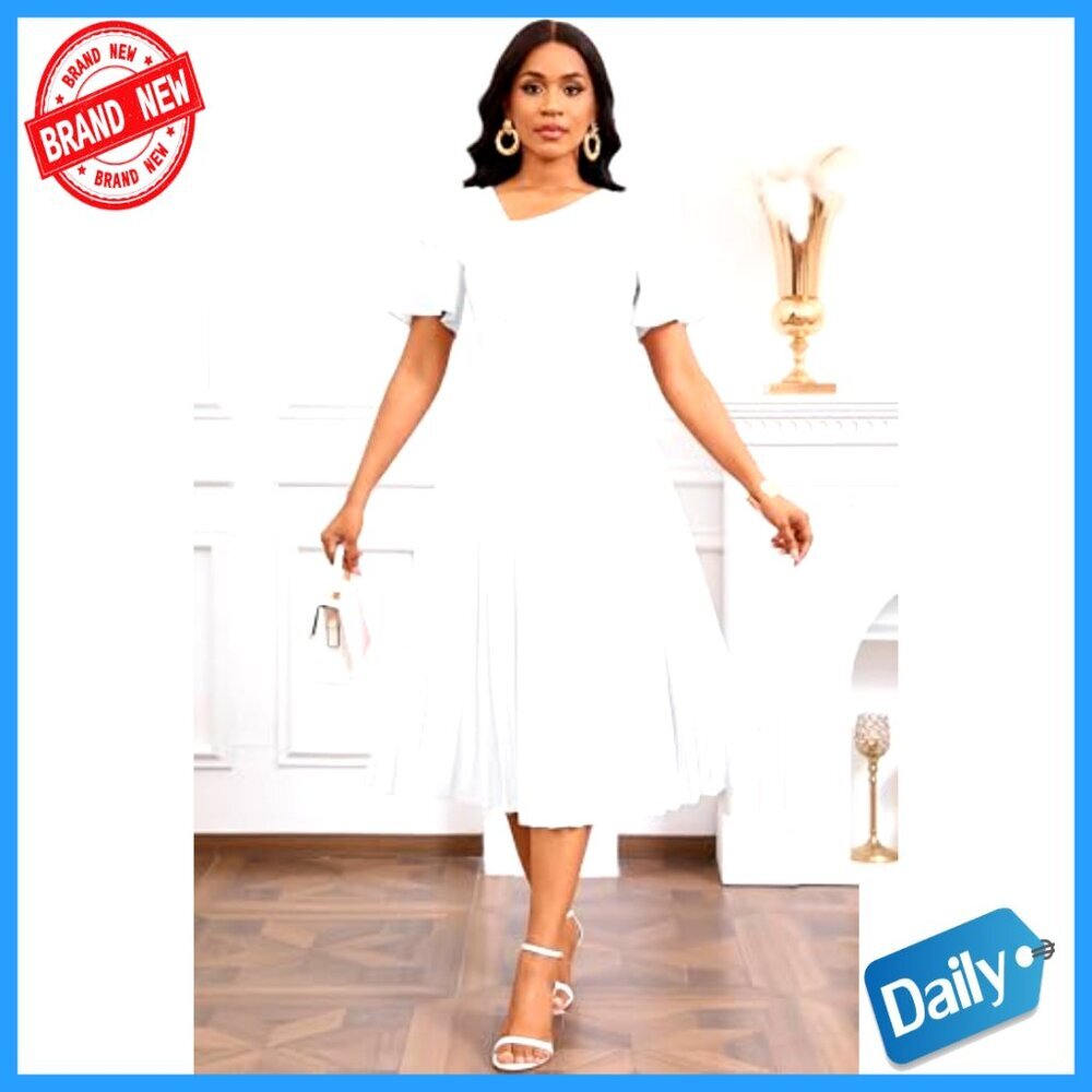 Pleated Midi Dress with Ruffles, V-Neck, Short Sleeve, Semi-Formal - Picture 3 of 7